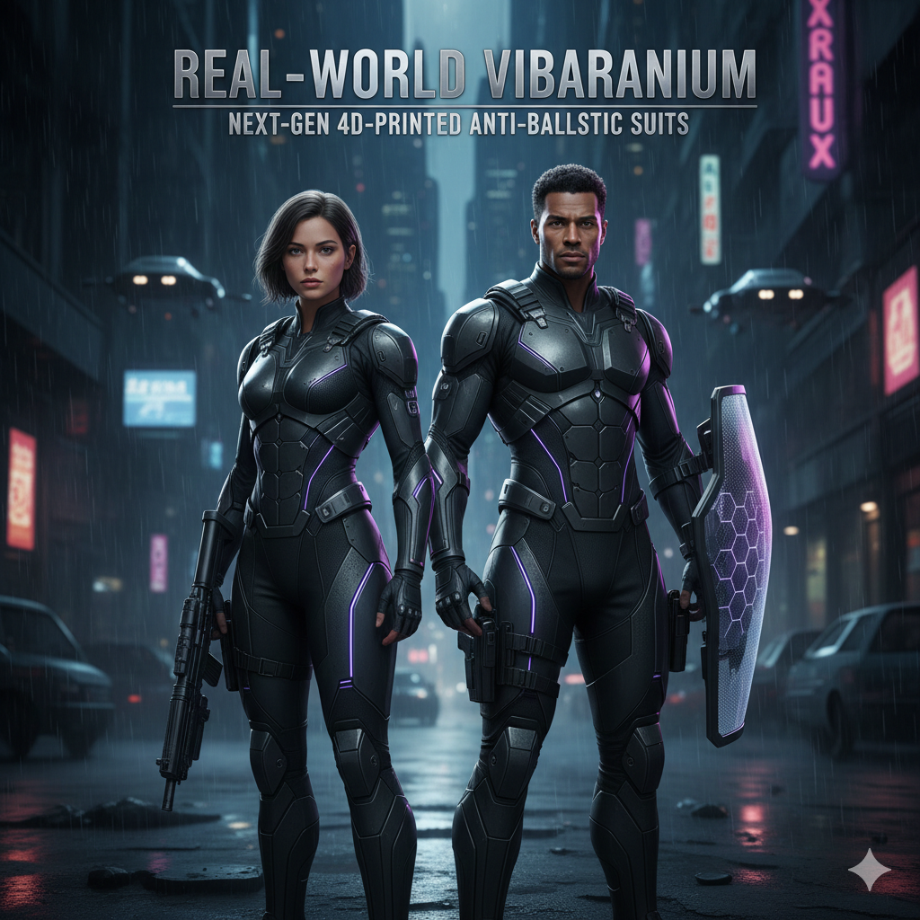 Real-World Vibranium: Next-Gen 4D-Printed Anti-Ballistic Suits